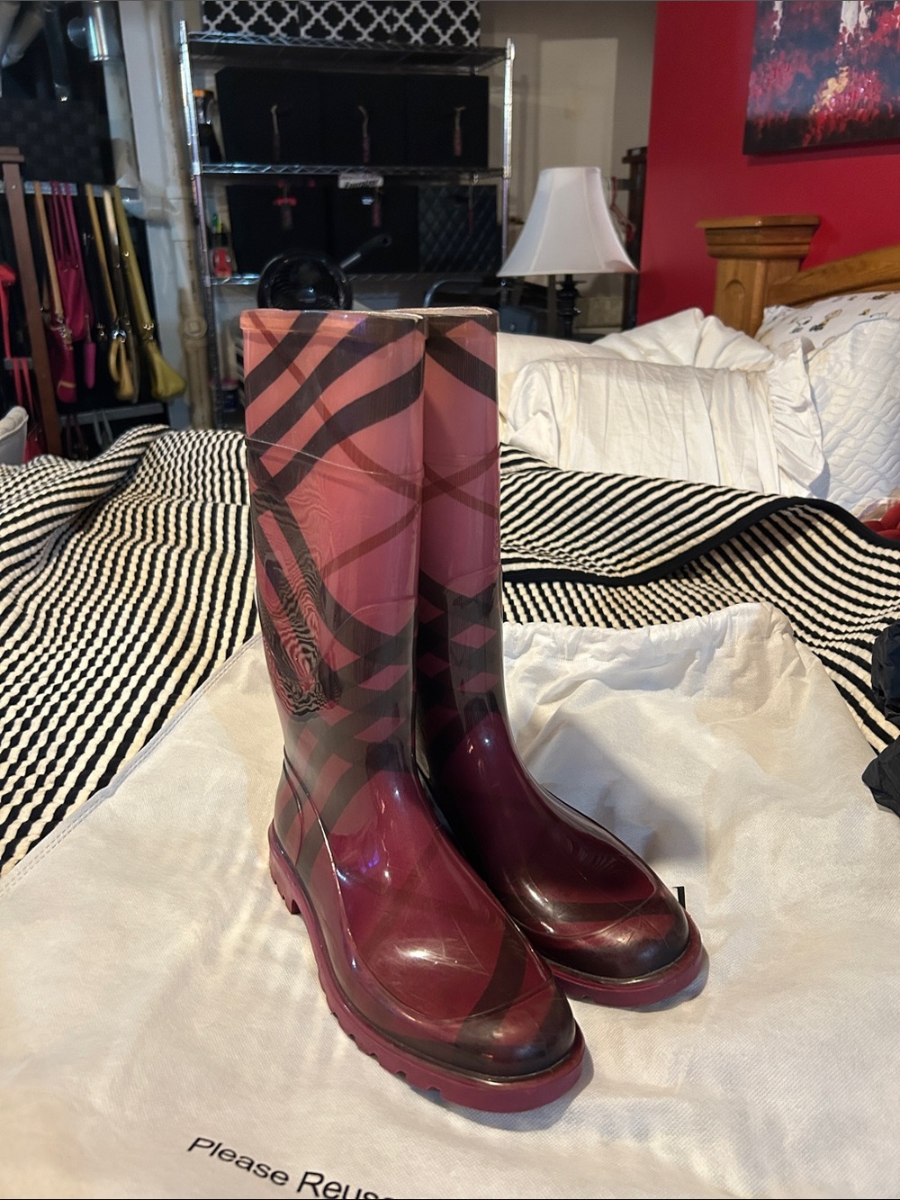 Burberry Burgundy Patterned Women's Rain Boots